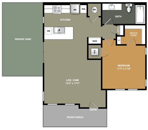 Floor plan for 1 bed, 1 bath, 744 sqft
